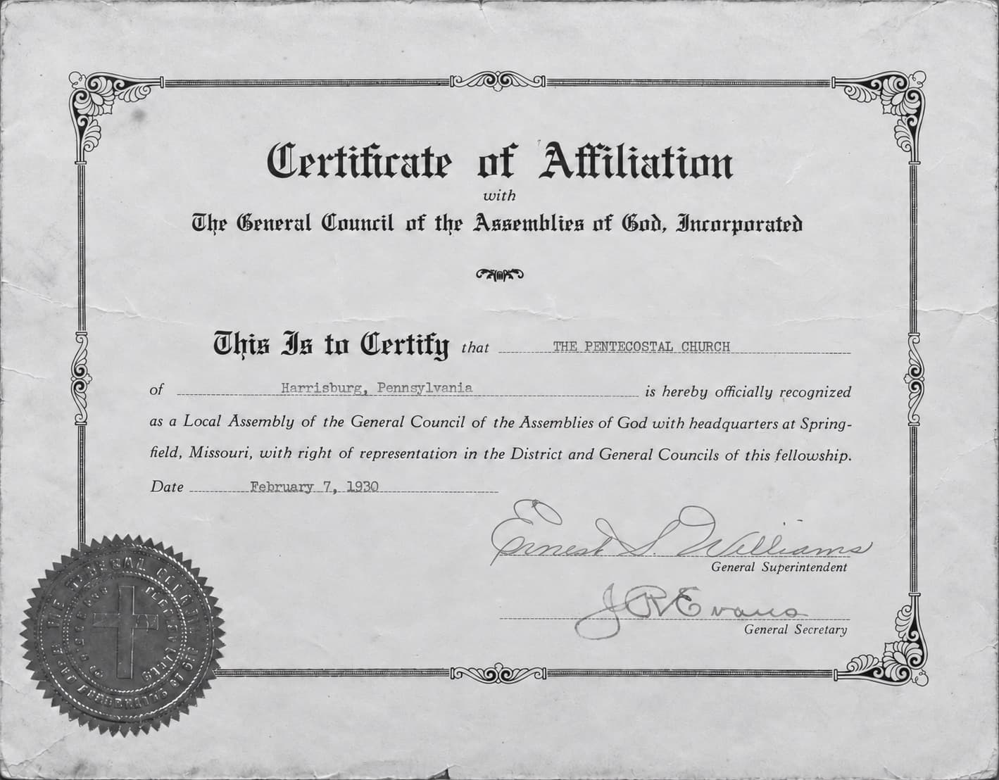 The church's Certificate of Affiliation with the General Council of the Assemblies of God, dated February 7, 1930.