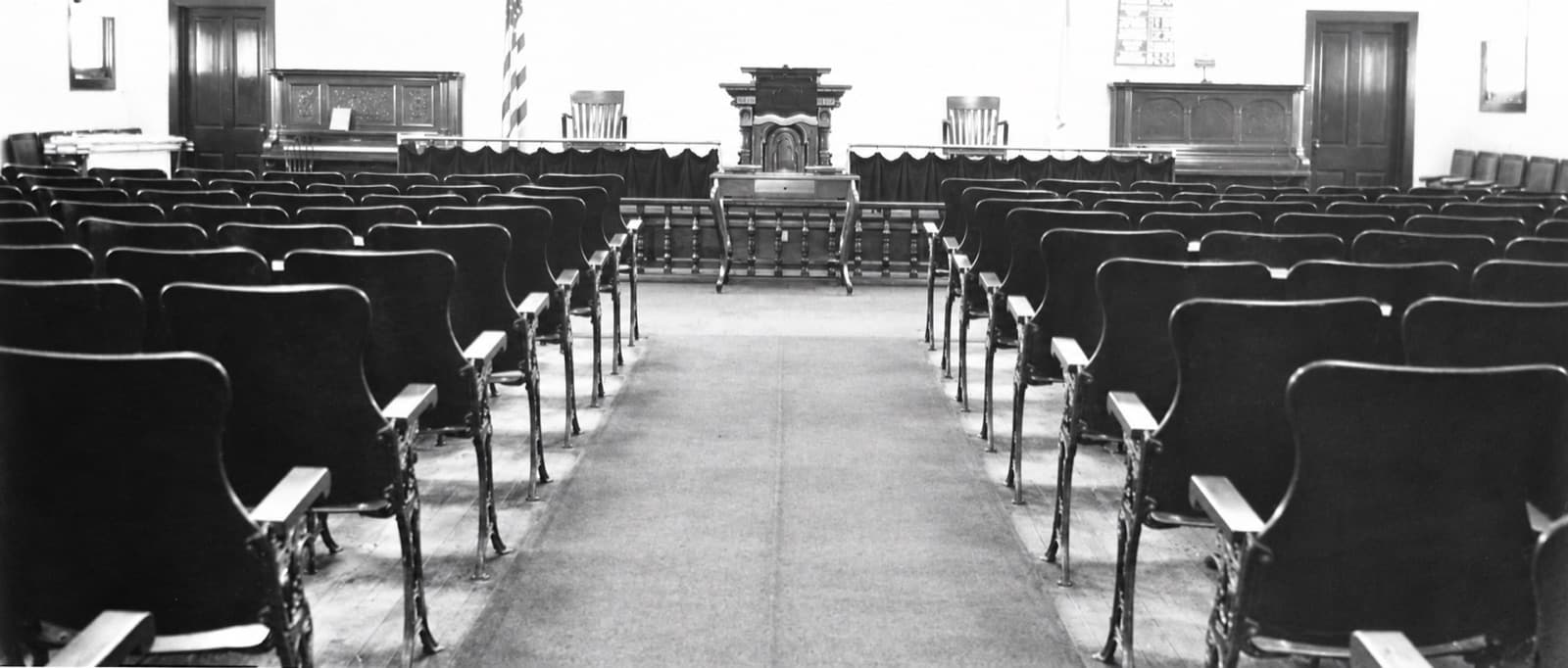 The Jefferson Street sanctuary: rows of wooden seats facing the pulpit.