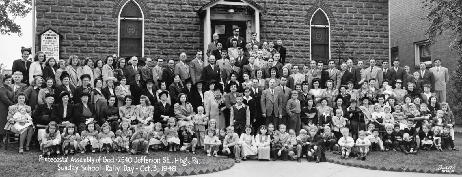 The congregation gathered outside the Jefferson Street church for Sunday School Rally Day, October 3, 1948.