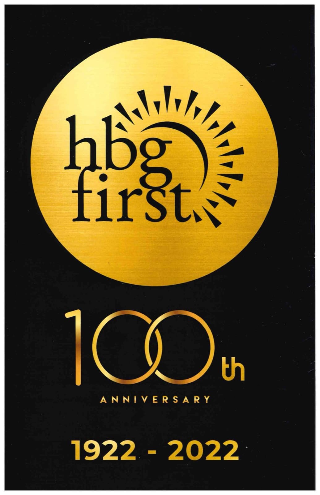 The gold hbg first 100th anniversary logo, 1922 to 2022.